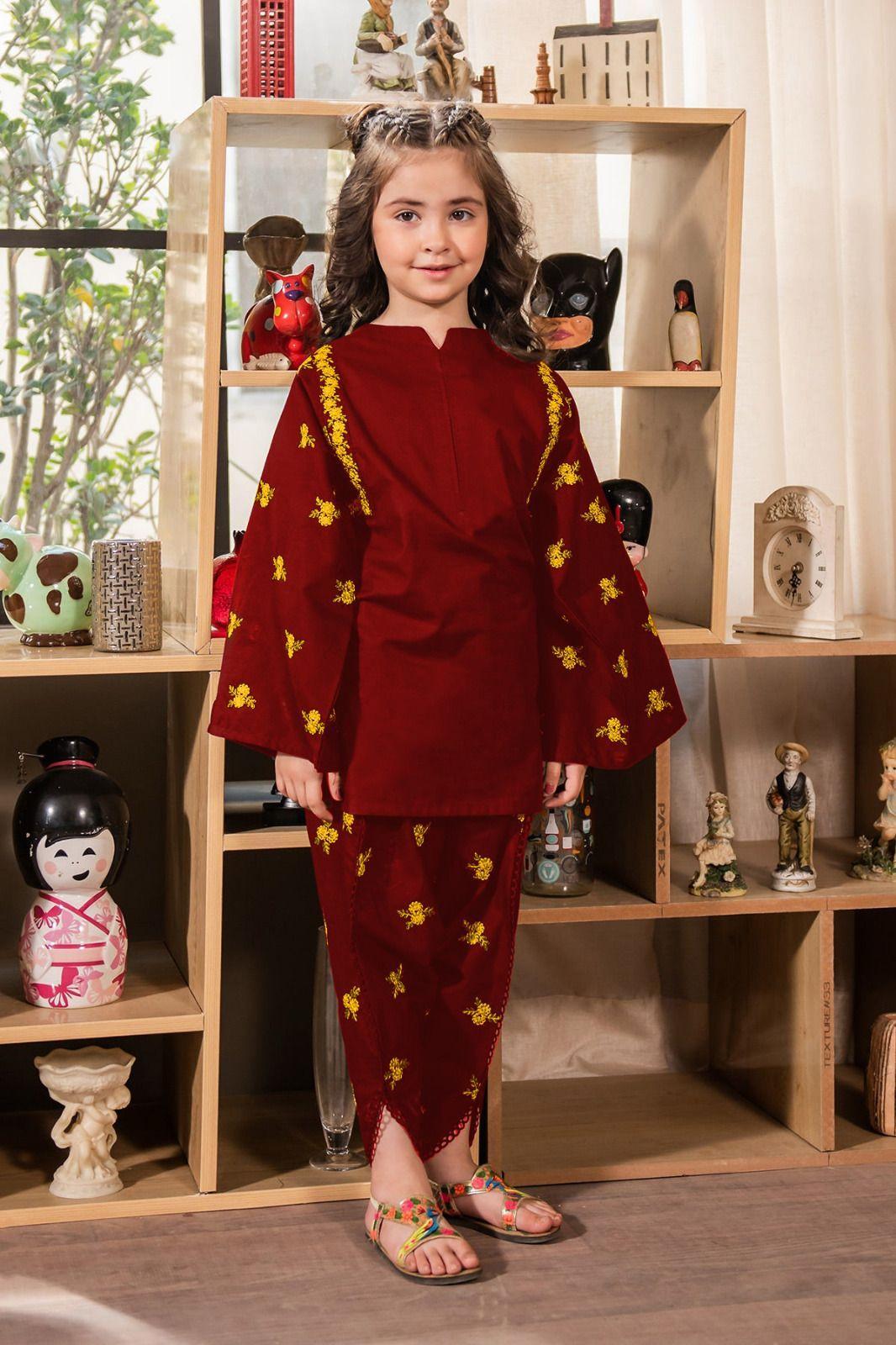 Charming Girl's Cotton Embroidered Kurta And Trouser Set - 2 Pcs