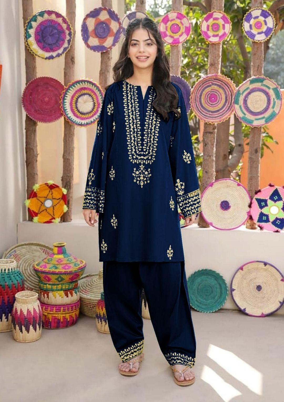 2 Pcs Girl's Silk Embroidered Shirt And Trouser Suit