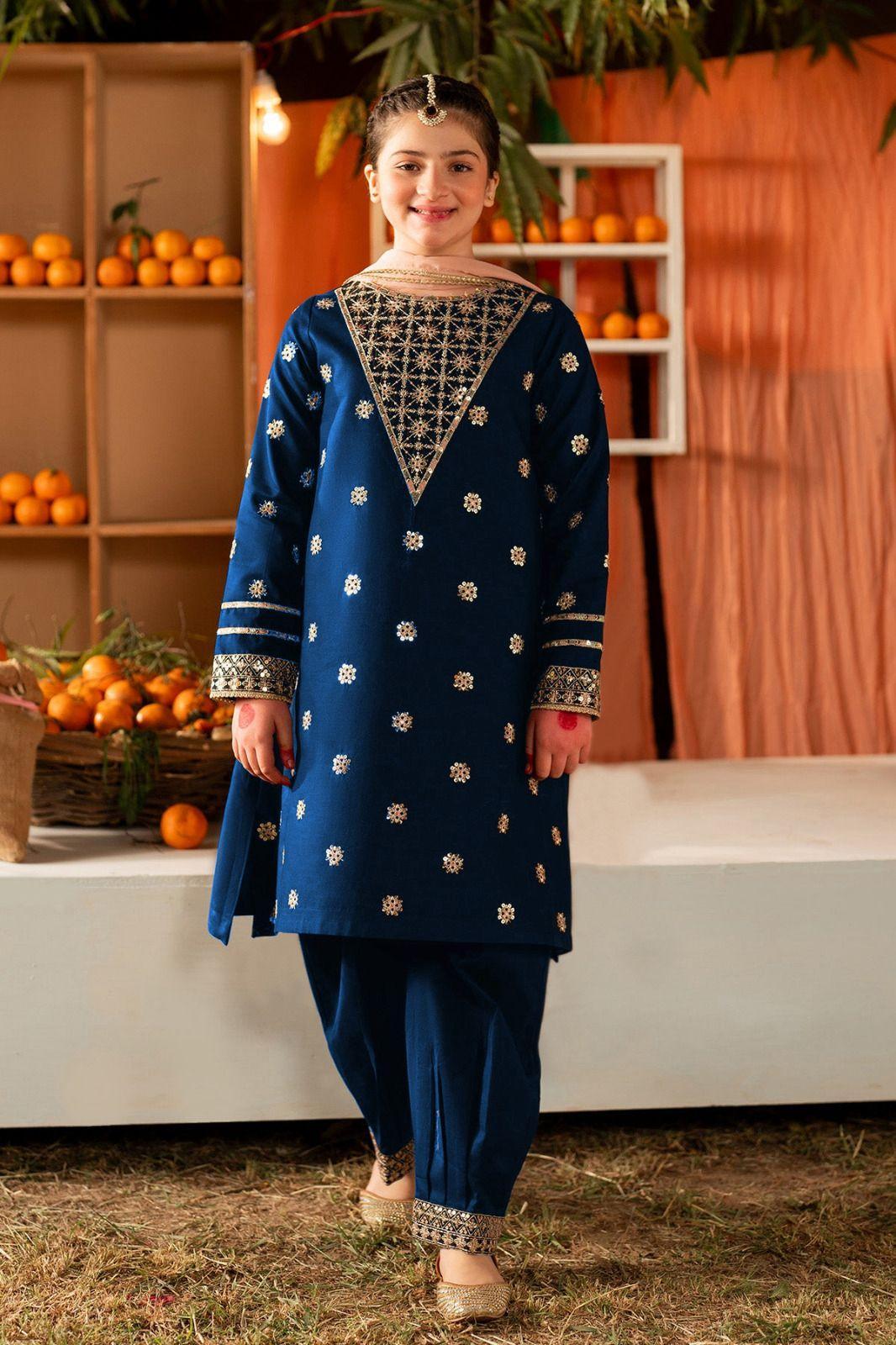 2 Pcs Girl's Cotton Embroidered Shirt And Trouser Suit