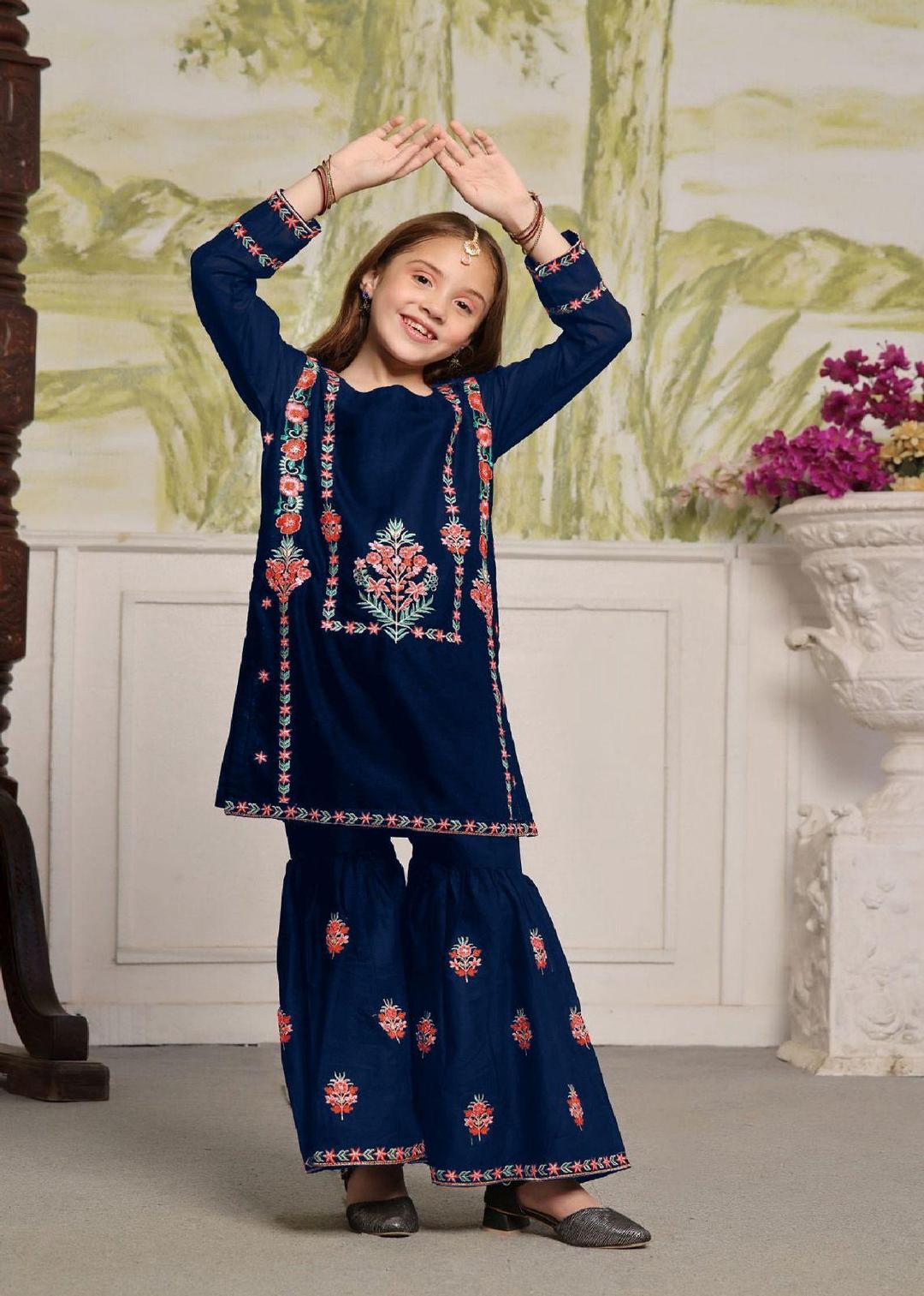 2 Pcs Girl's Cotton Embroidered Shirt And Trouser Suit