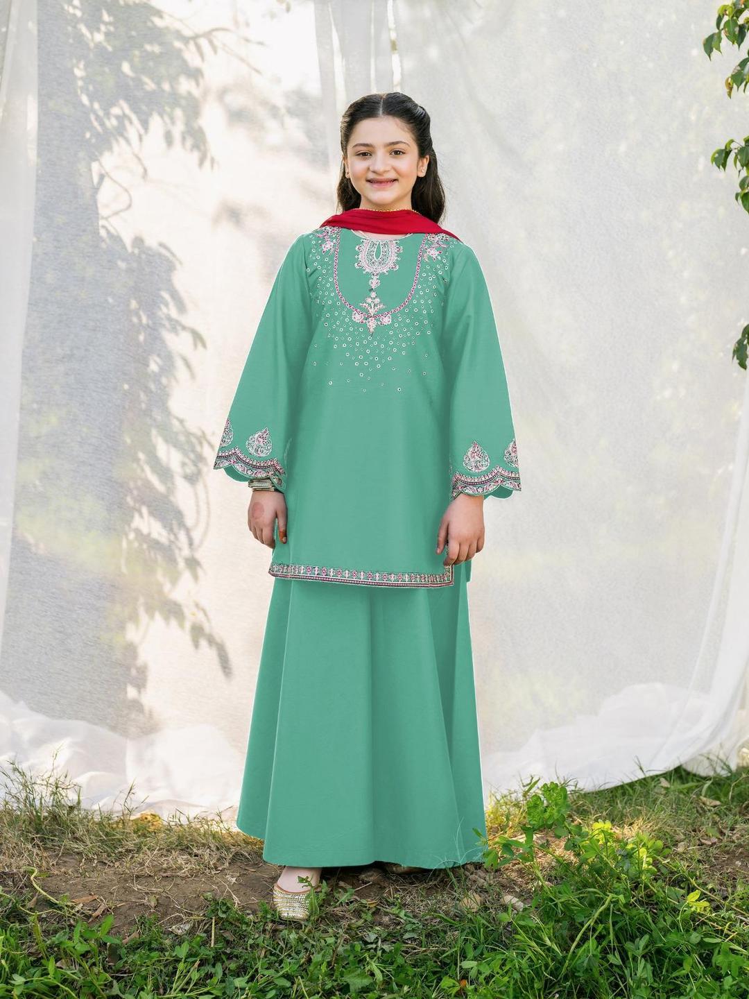 2 Pcs Girl's Cotton Embroidered Shirt And Trouser Suit