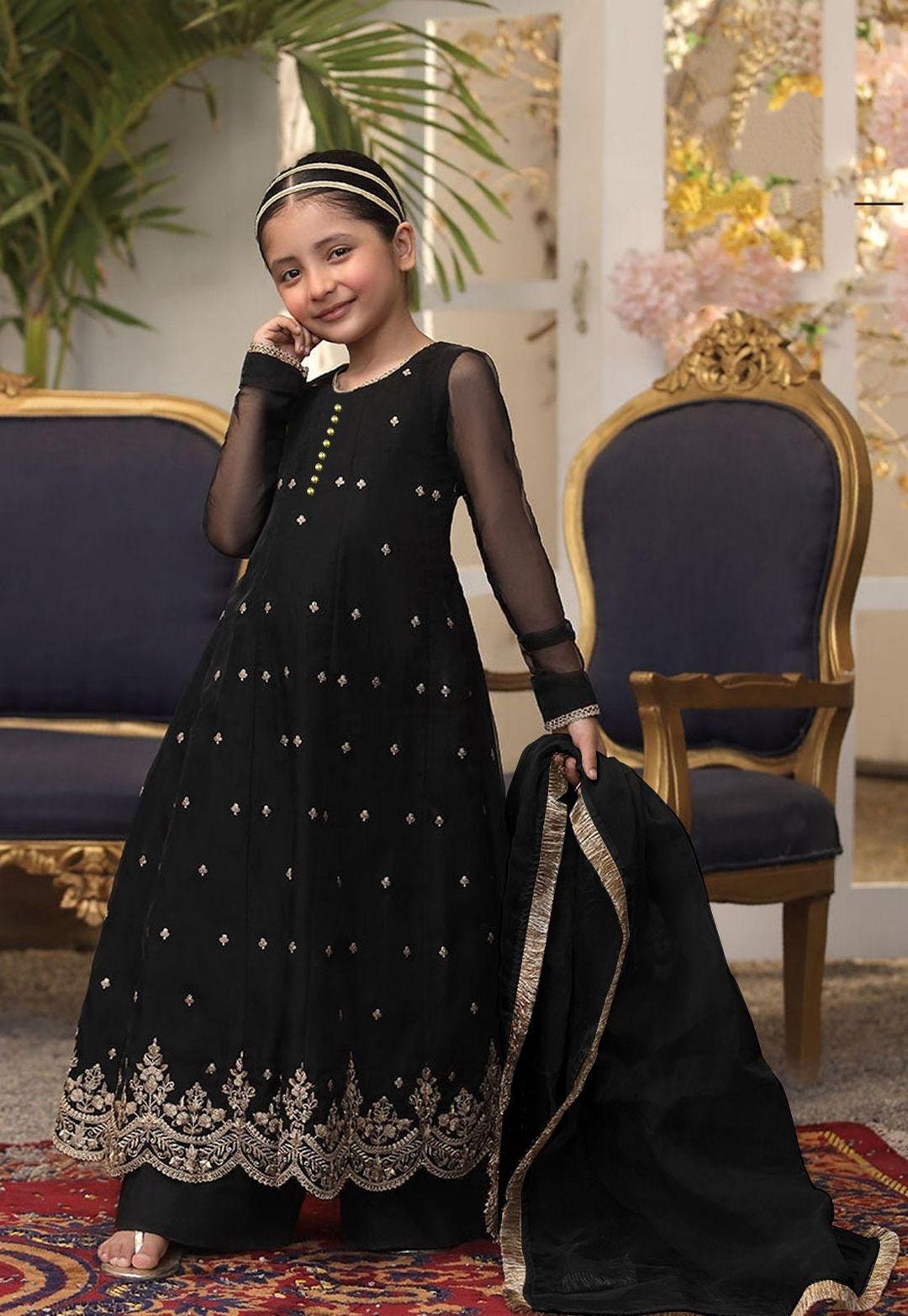 3 Pcs Girl's Chiffon Embroidered Frock And Trouser Set