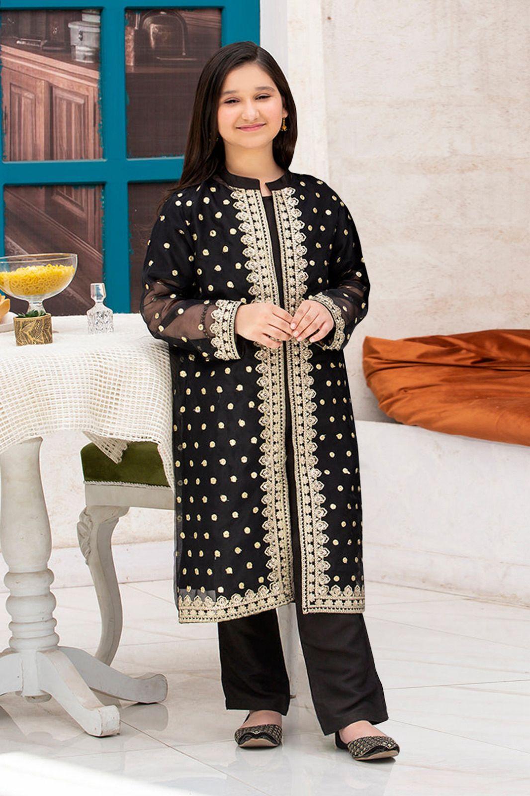 3 Pcs Girl's Silk Embroidered Kurta And Trouser