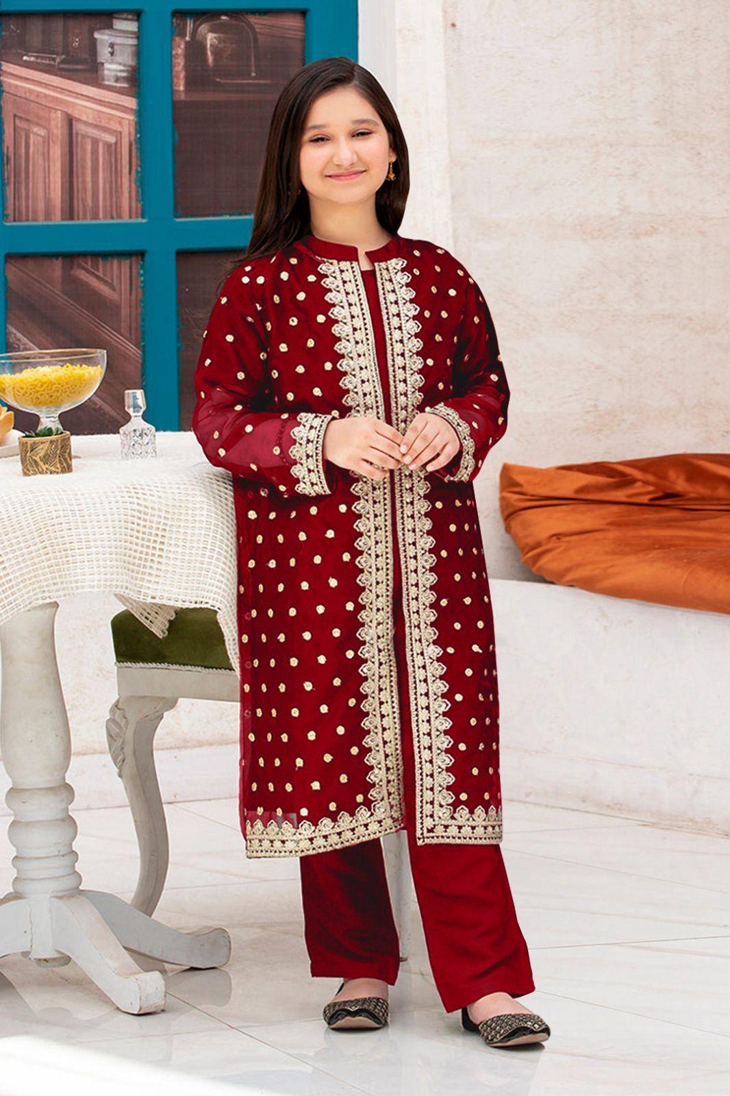 3 Pcs Girl's Silk Embroidered Kurta And Trouser