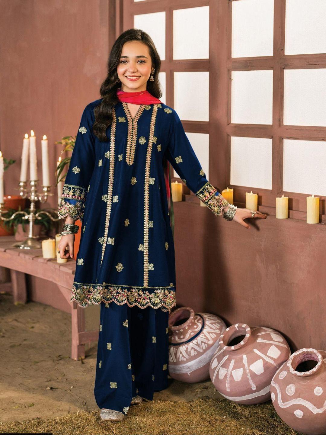 2 Pcs Girl's Cotton Embroidered Shirt And Trouser Suit