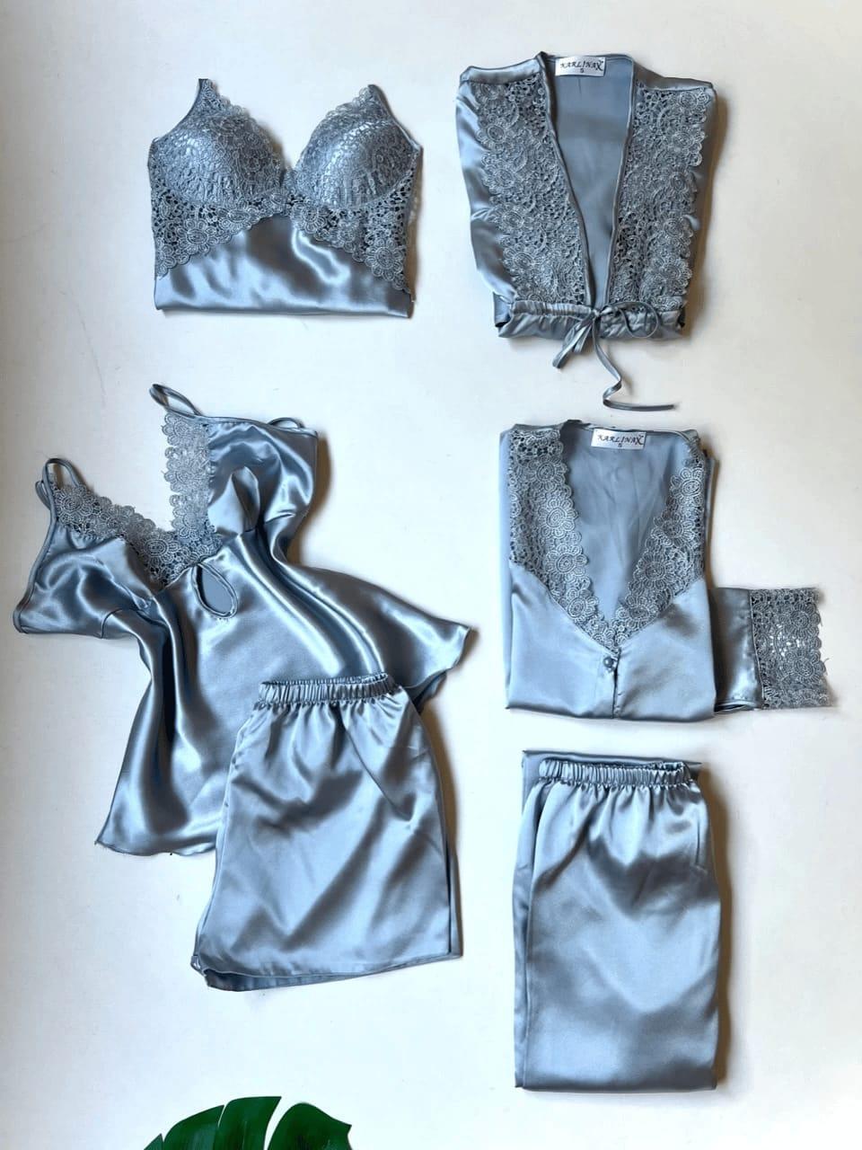 Luxurious Grey Silk Lace Nightwear Set - 1 Pcs