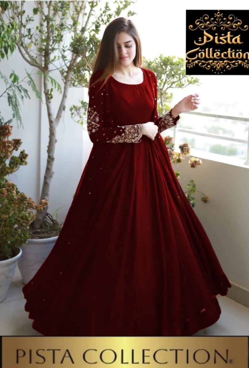 Heavy Embroidered With Front And Back Pearls Attached Gown With Maxi Trouser - 3 Pcs