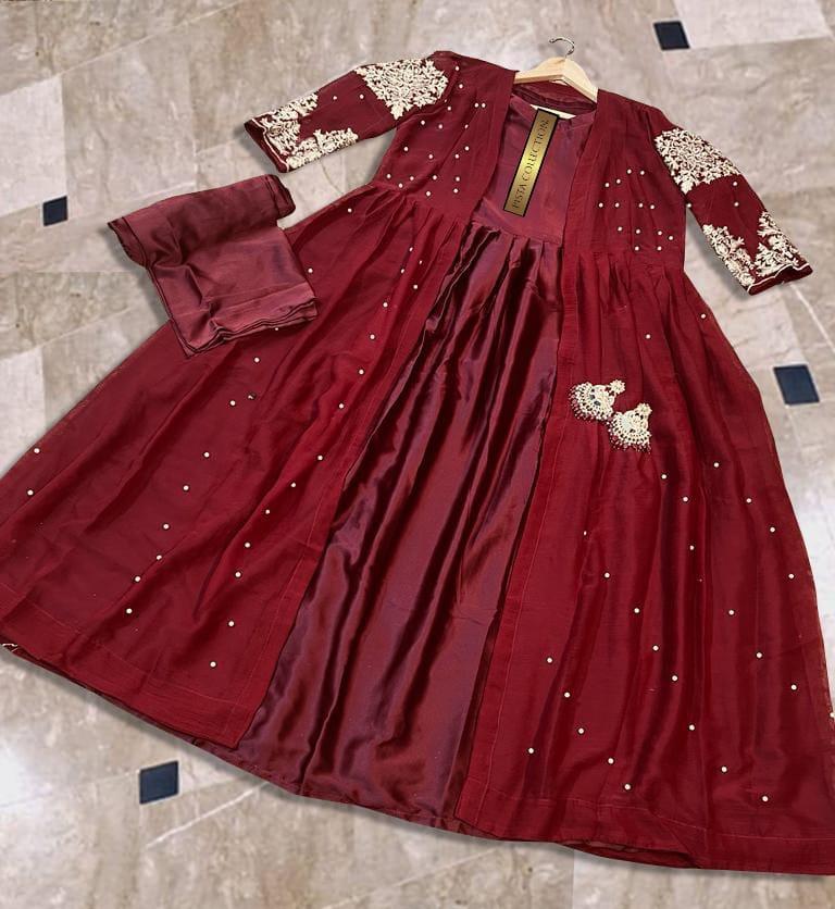 Heavy Embroidered With Front And Back Pearls Attached Gown With Maxi Trouser - 3 Pcs
