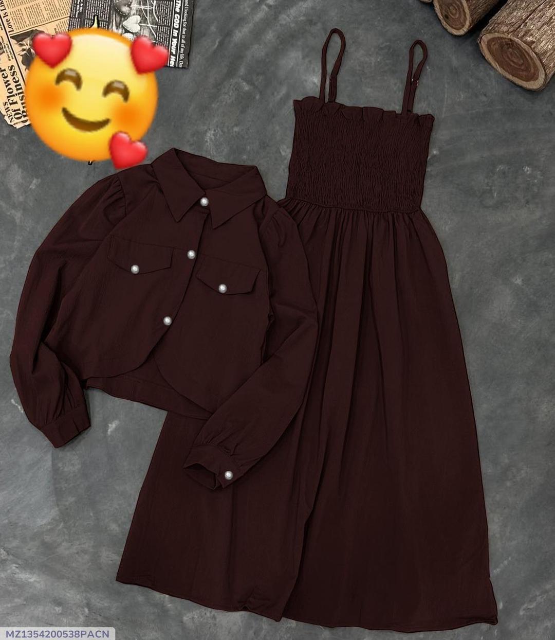2 Pcs Women's Stitched Cotton Lawn Plain Maxi and Jacket