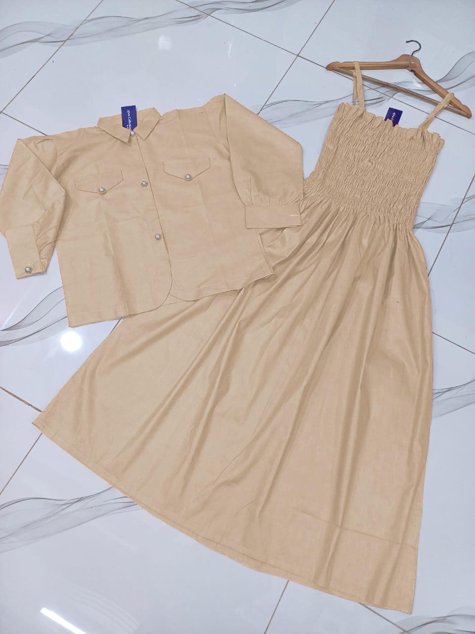 2 Pcs Women's Stitched Cotton Lawn Plain Maxi and Jacket