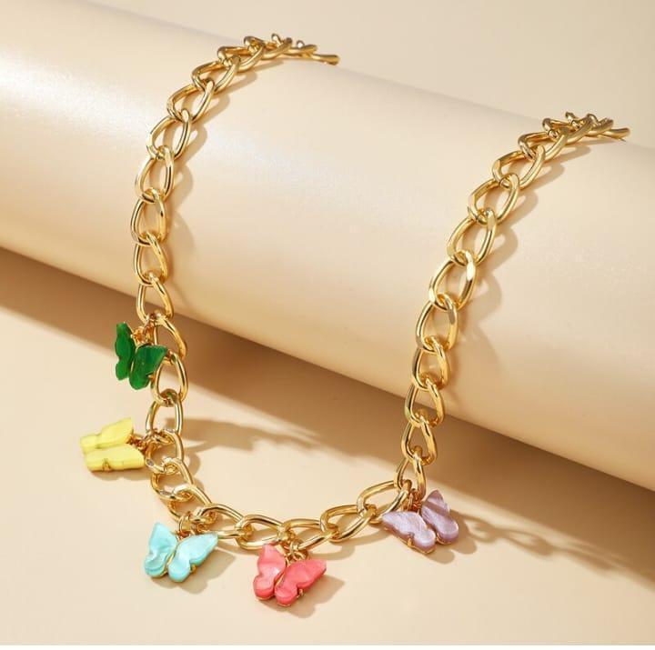 Butterfly Hanging Gold Plated Artificial Stones Necklace