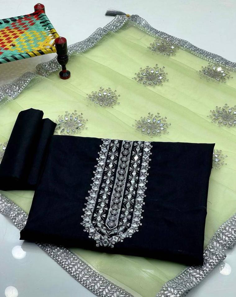 3 Pcs Women's Unstitched Katan Silk Hand Work Suit