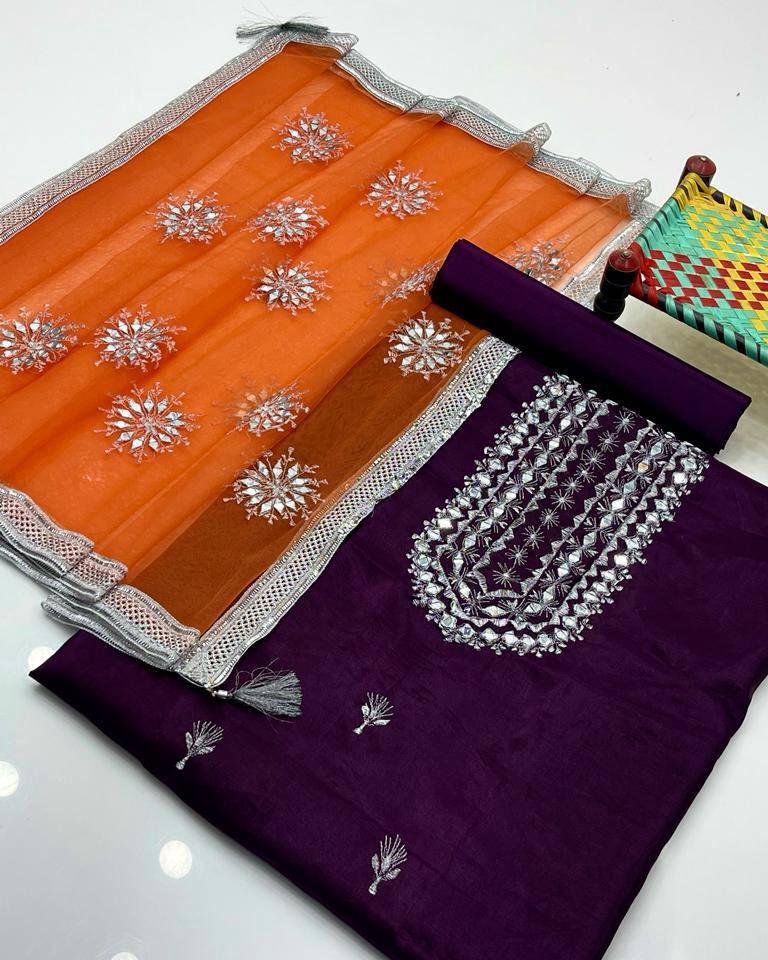 3 Pcs Women's Unstitched Katan Silk Hand Work Suit