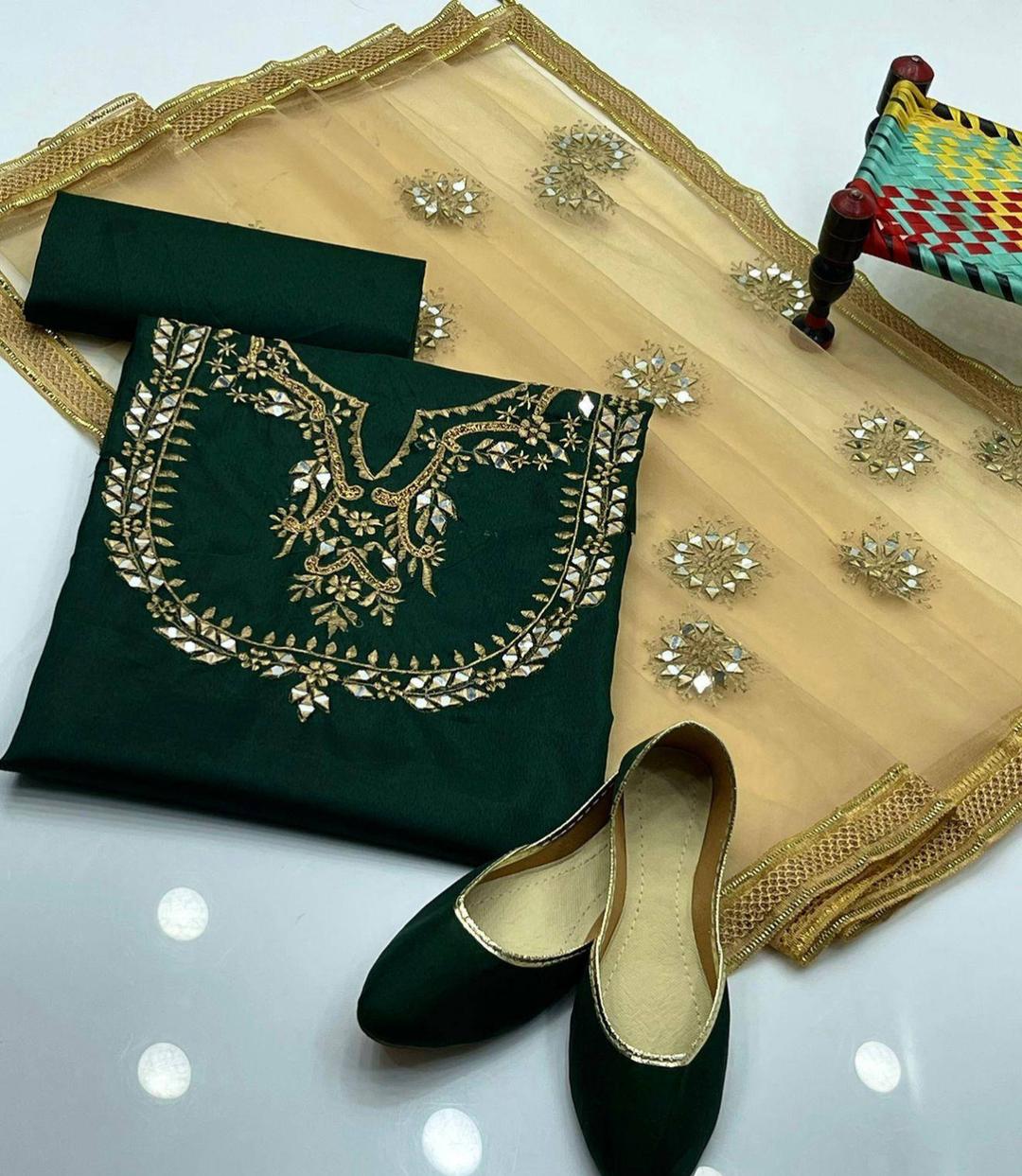 3 Pcs Women's Unstitched Katan Silk Hand Work Suit