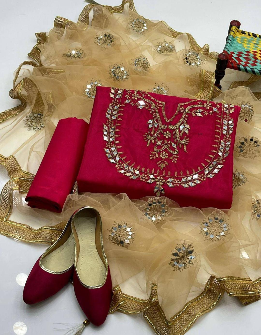 3 Pcs Women's Unstitched Katan Silk Hand Work Suit