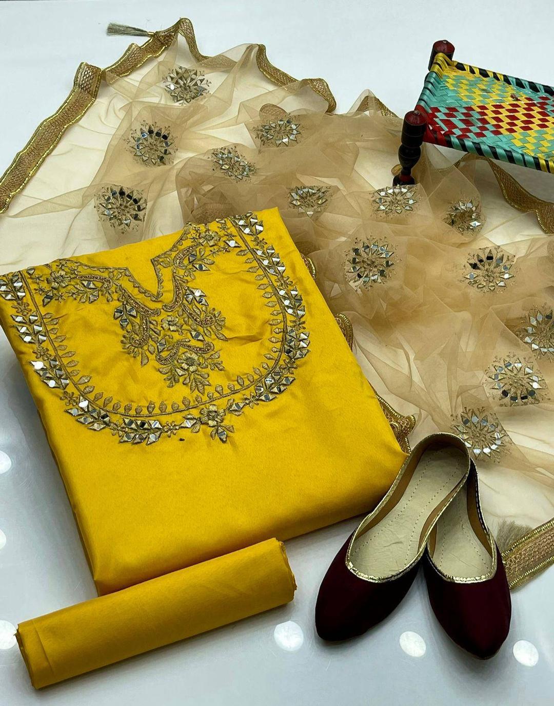 3 Pcs Women's Unstitched Katan Silk Hand Work Suit