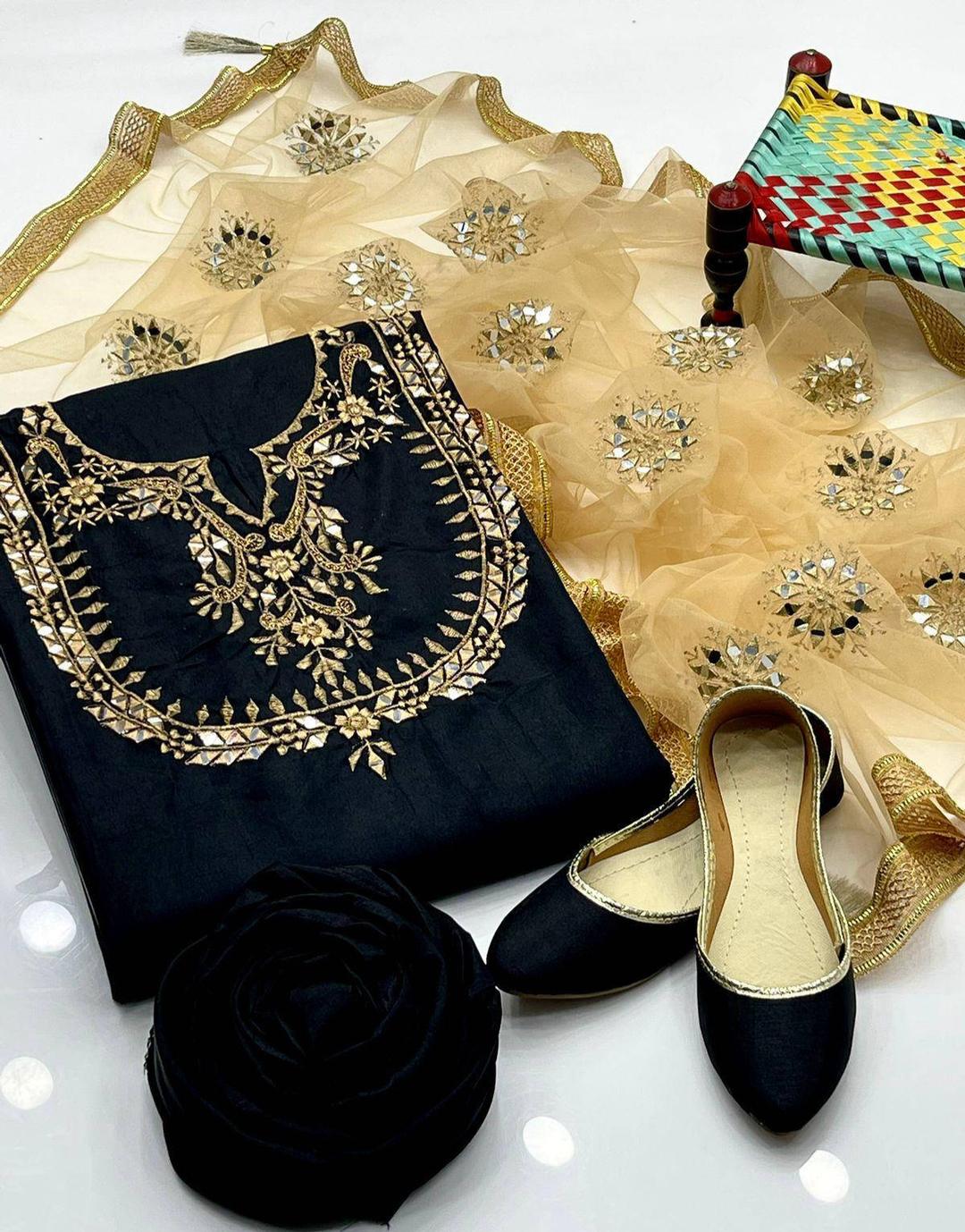 3 Pcs Women's Unstitched Katan Silk Hand Work Suit