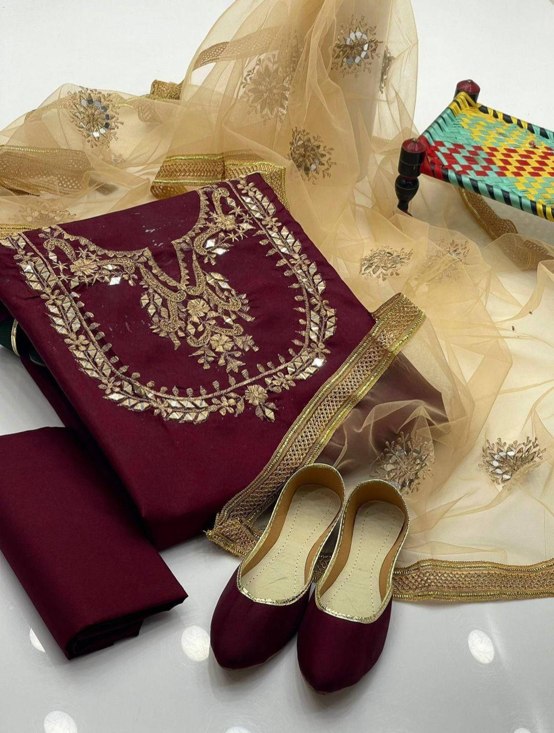 3 Pcs Women's Unstitched Katan Silk Hand Work Suit