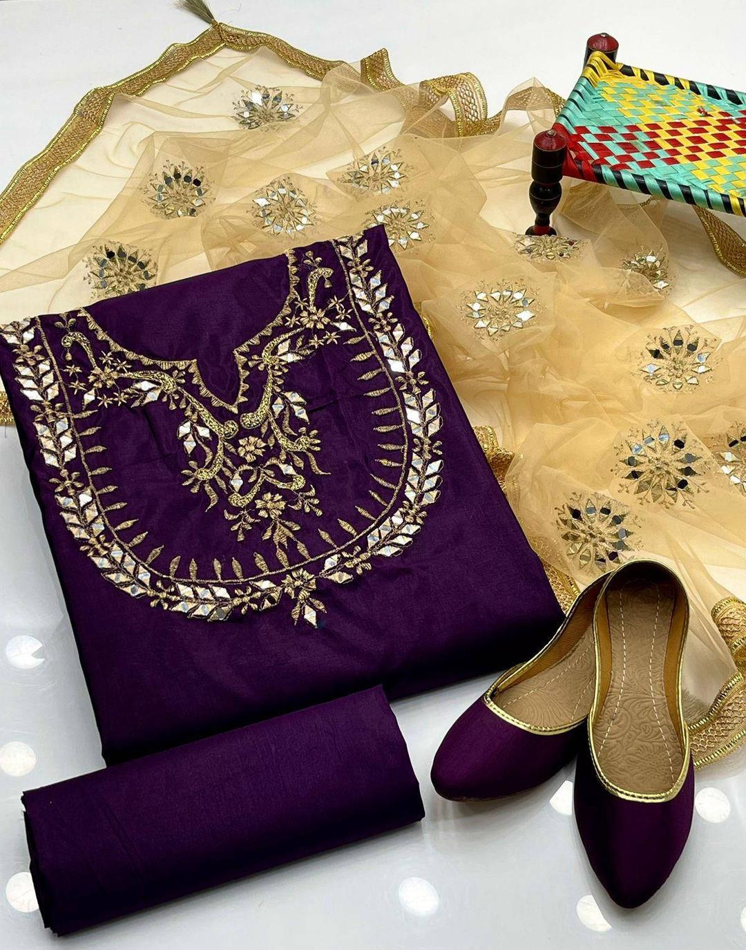 3 Pcs Women's Unstitched Katan Silk Hand Work Suit