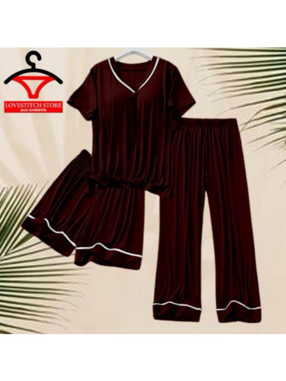 3 Pcs Women's Stitched Plain Night Suit