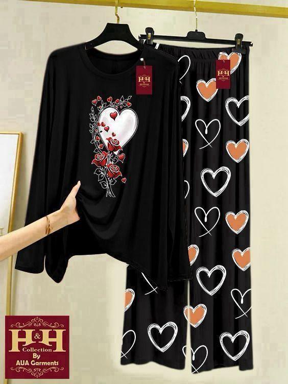 2 Pcs Women's Stitched Printed Night Suit