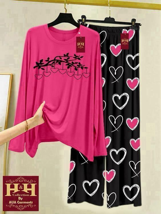 2 Pcs Women's Stitched Printed Night Suit