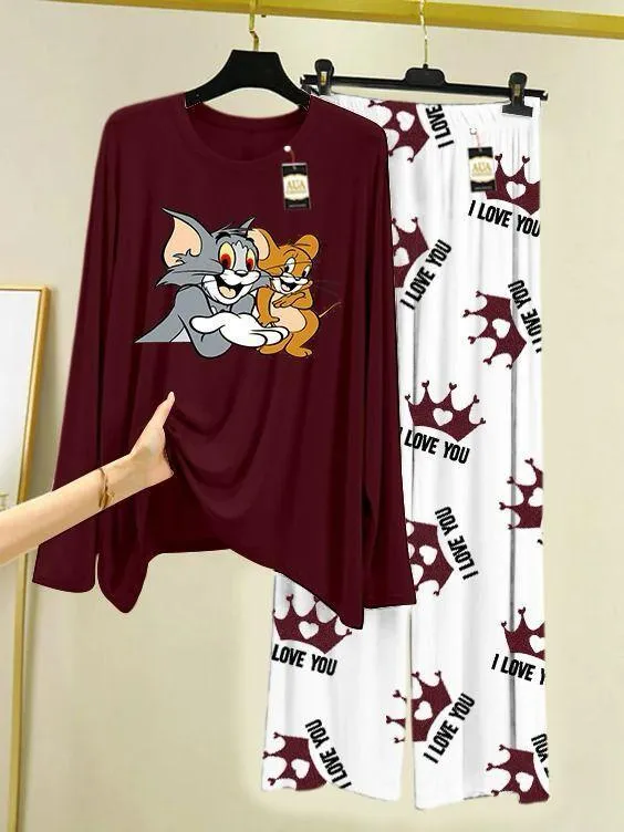 2 Pcs Women's Stitched Jersey Printed Night Suit