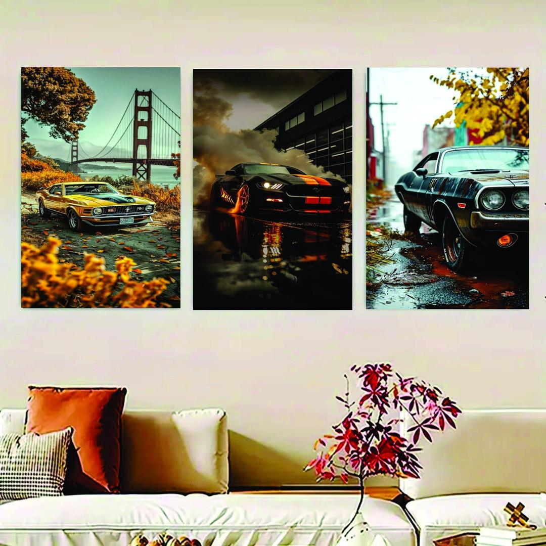 Multicolor Cars Design Wall Art & Paintings - 3 Pcs Collection