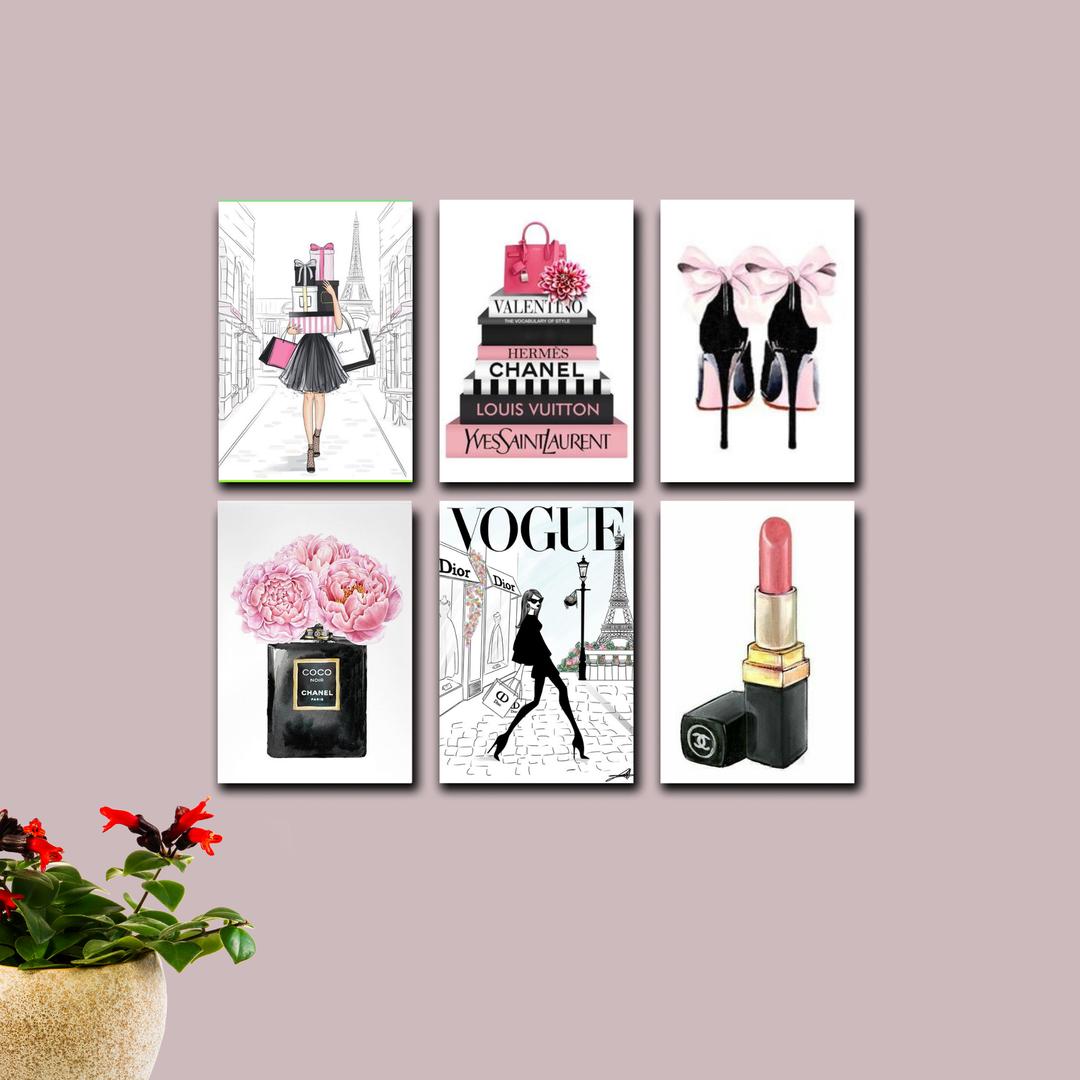 Girls Doing Makeup Design Wall Frames - Set of 6 Pcs