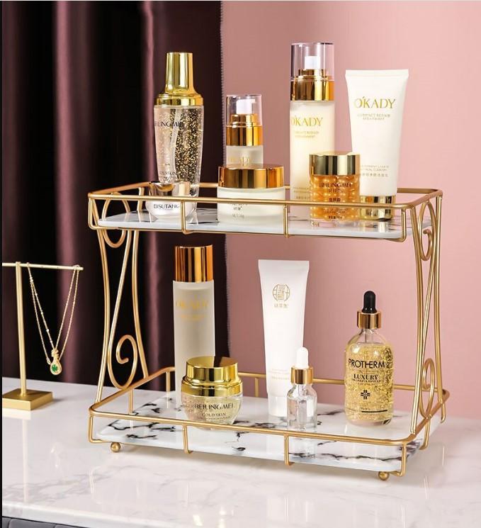 Golden Metal Makeup Organizer - No Leak Storage Solution for Organized Makeup