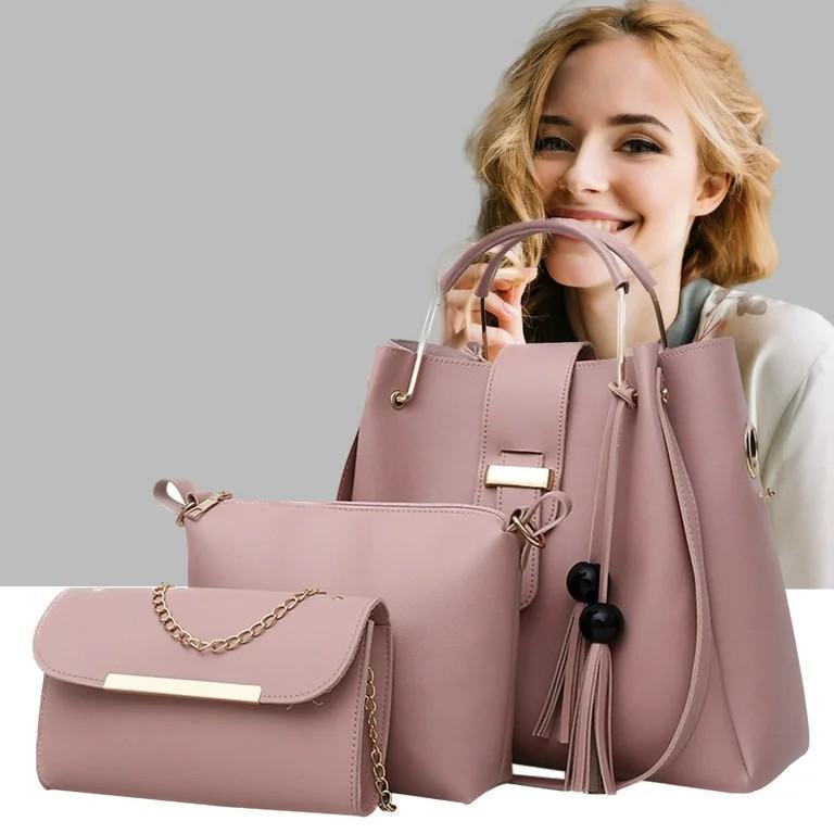Chic Women's Pink PU Leather Hand Bag Set - 3 Pcs