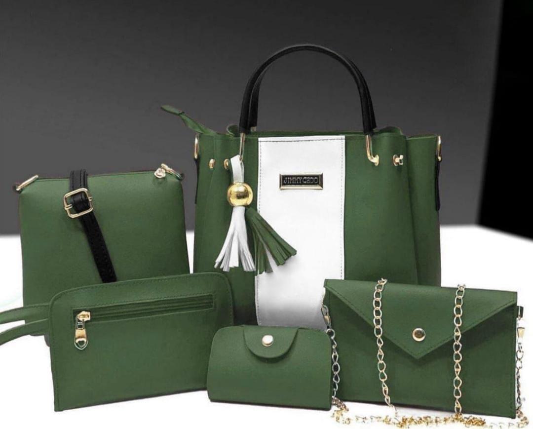 Women's Green PU Leather Hand Bag Set – 5 Pcs