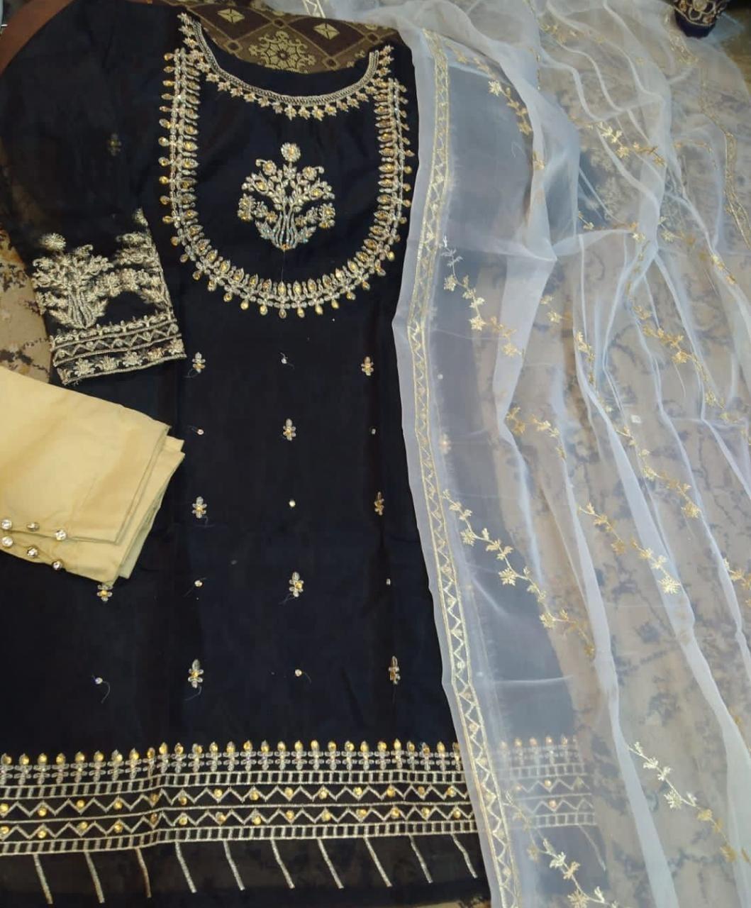 Exquisite Black Embroidered Organza Suit - 3 Pcs for Women