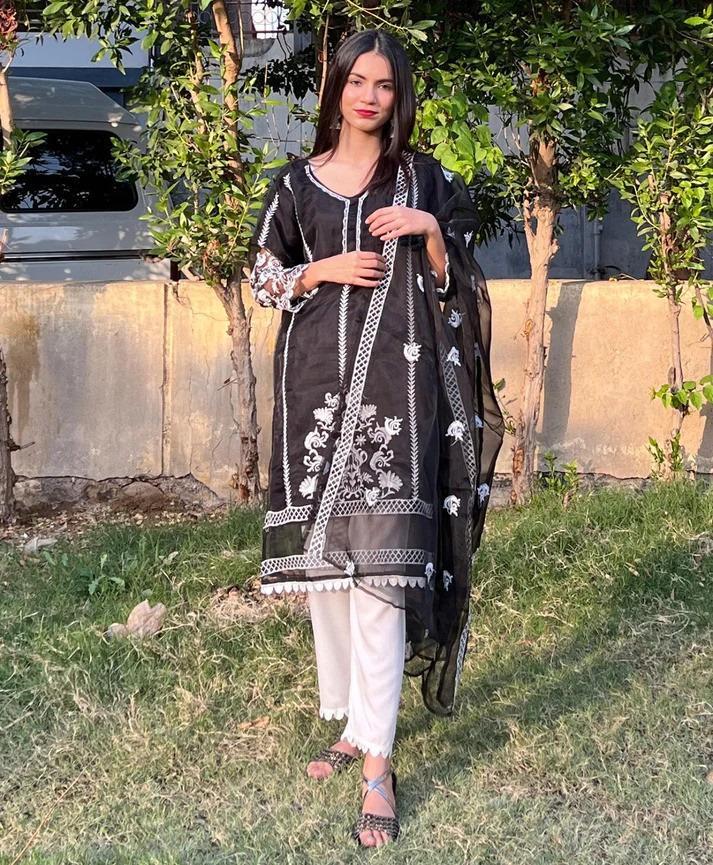 Black Embroidered Organza Suit - 3 Pcs Women's Stitched Ensemble