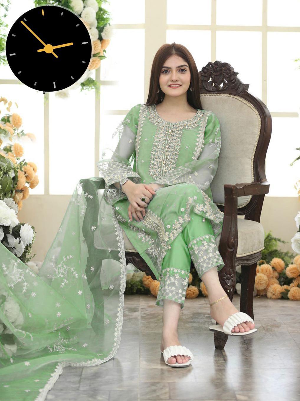 3 Pcs Women's Stitched Organza Suit with Embroidered Dupatta