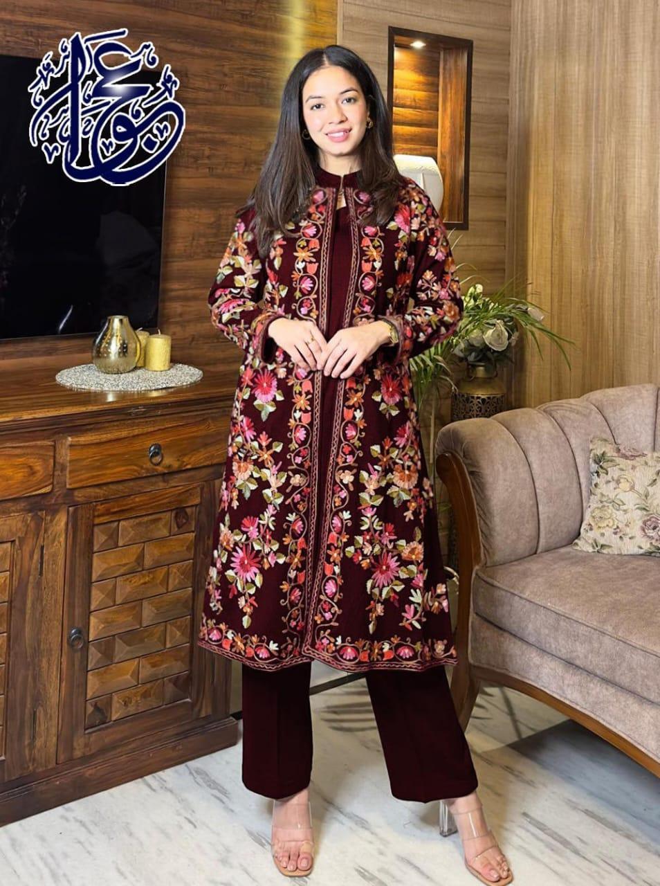 Elegant Embroidered Gown Suit Set - 3 Pcs in Maroon Silk