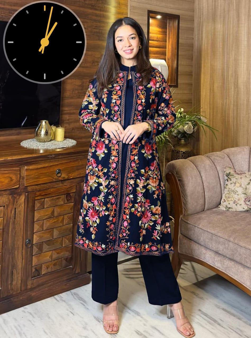 3 Pcs Women's Stitched Gown Suit in Embroidered Shamoz Silk - Blue