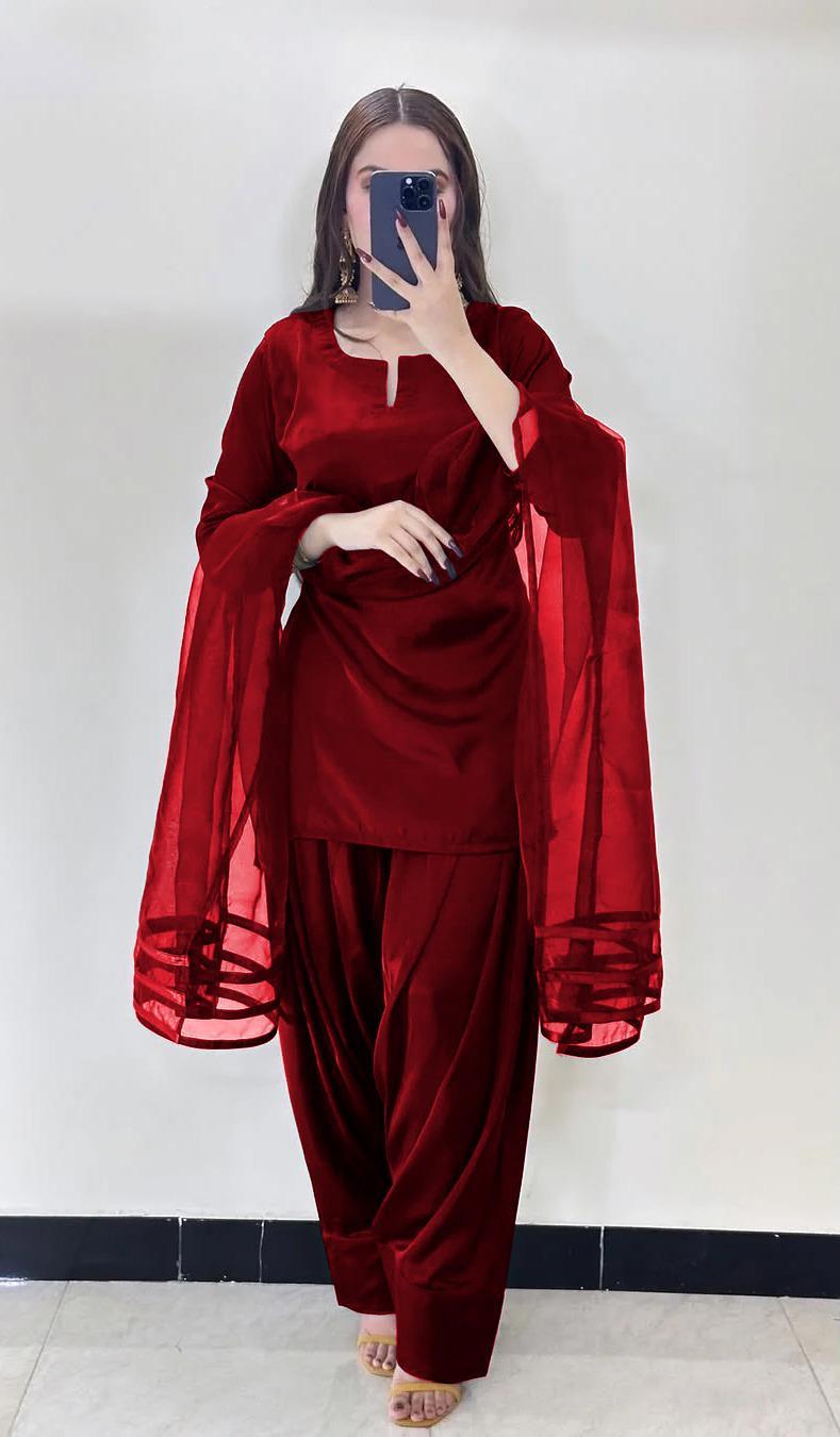 Elegant Silk Suit - 3 Pcs Women’s Stitched Ensemble with V-Neck