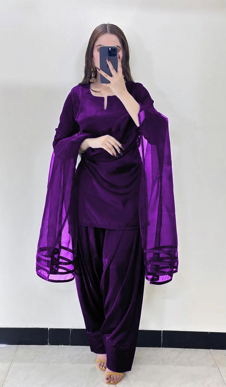 Elegant Silk Suit - 3 Pcs Women’s Stitched Ensemble with V-Neck