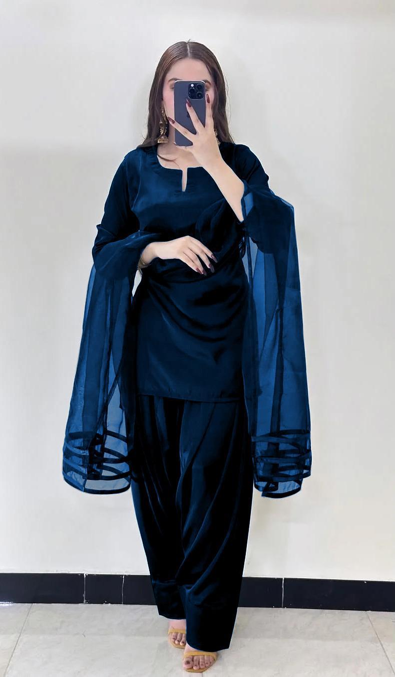 Elegant Silk Suit - 3 Pcs Women’s Stitched Ensemble with V-Neck