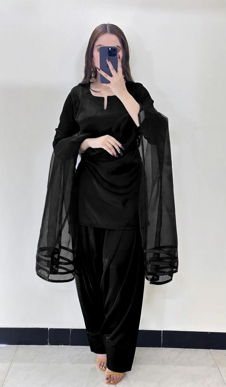 Elegant Silk Suit - 3 Pcs Women’s Stitched Ensemble with V-Neck