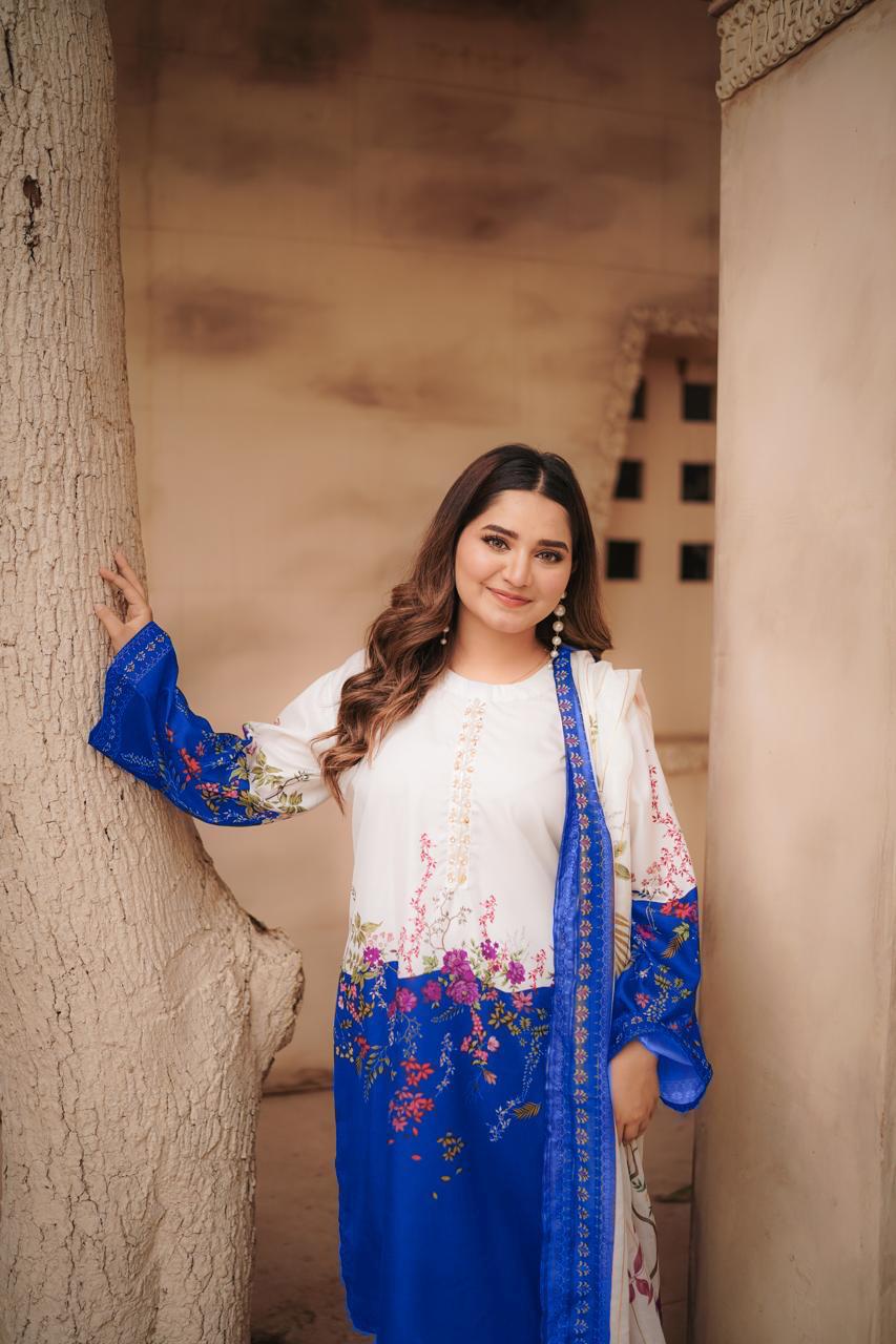 Printed Swiss Voile Women's Stitched Suit - 3 Pcs in Blue