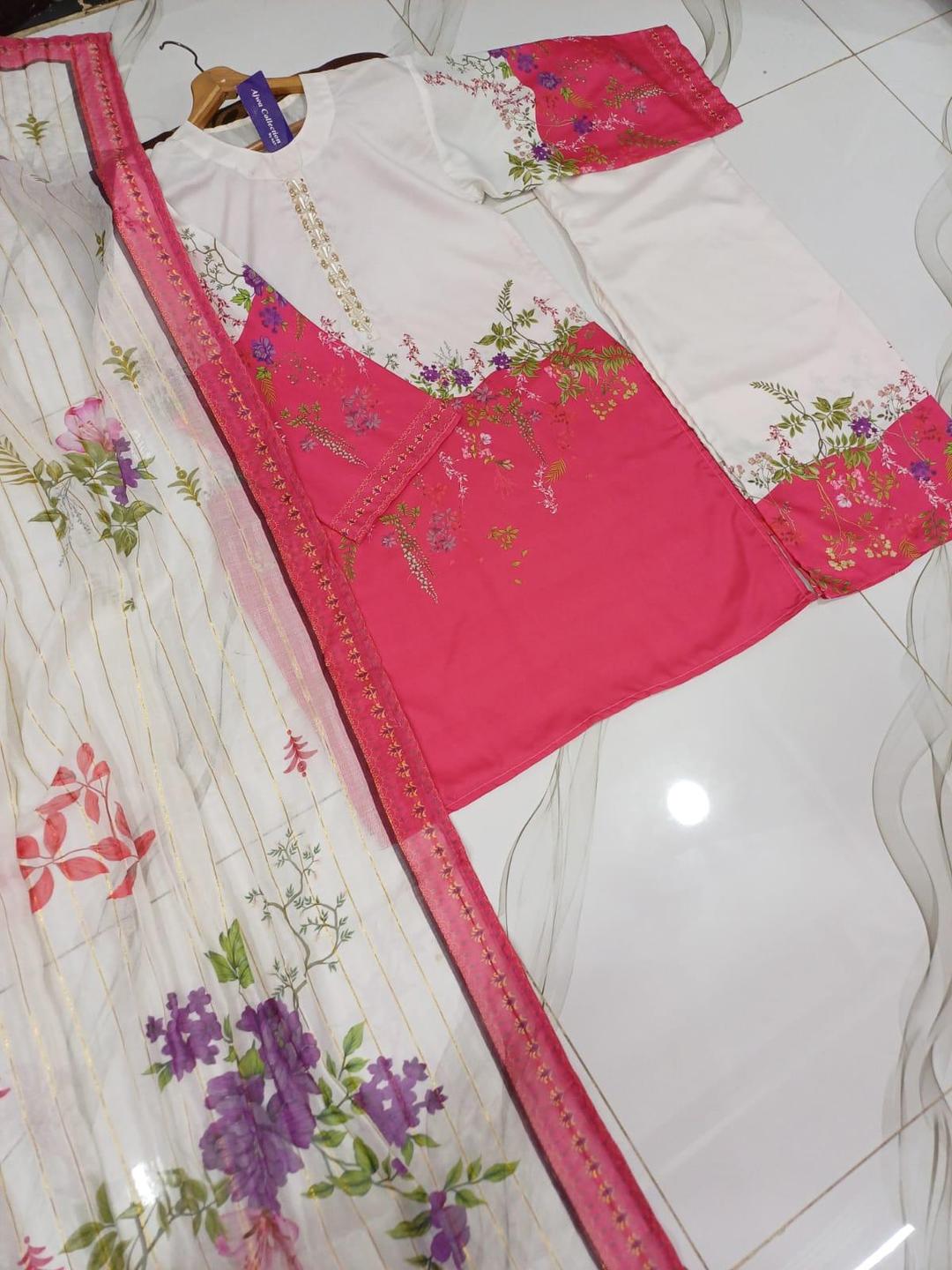 Stylish Women's Stitched Printed Suit Set - 3 Pcs in Pink with Swiss Voile Fabric