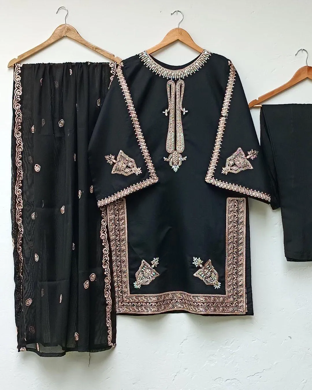 Women's Stitched Silk Embroidered Suit - 3 Pcs in Black