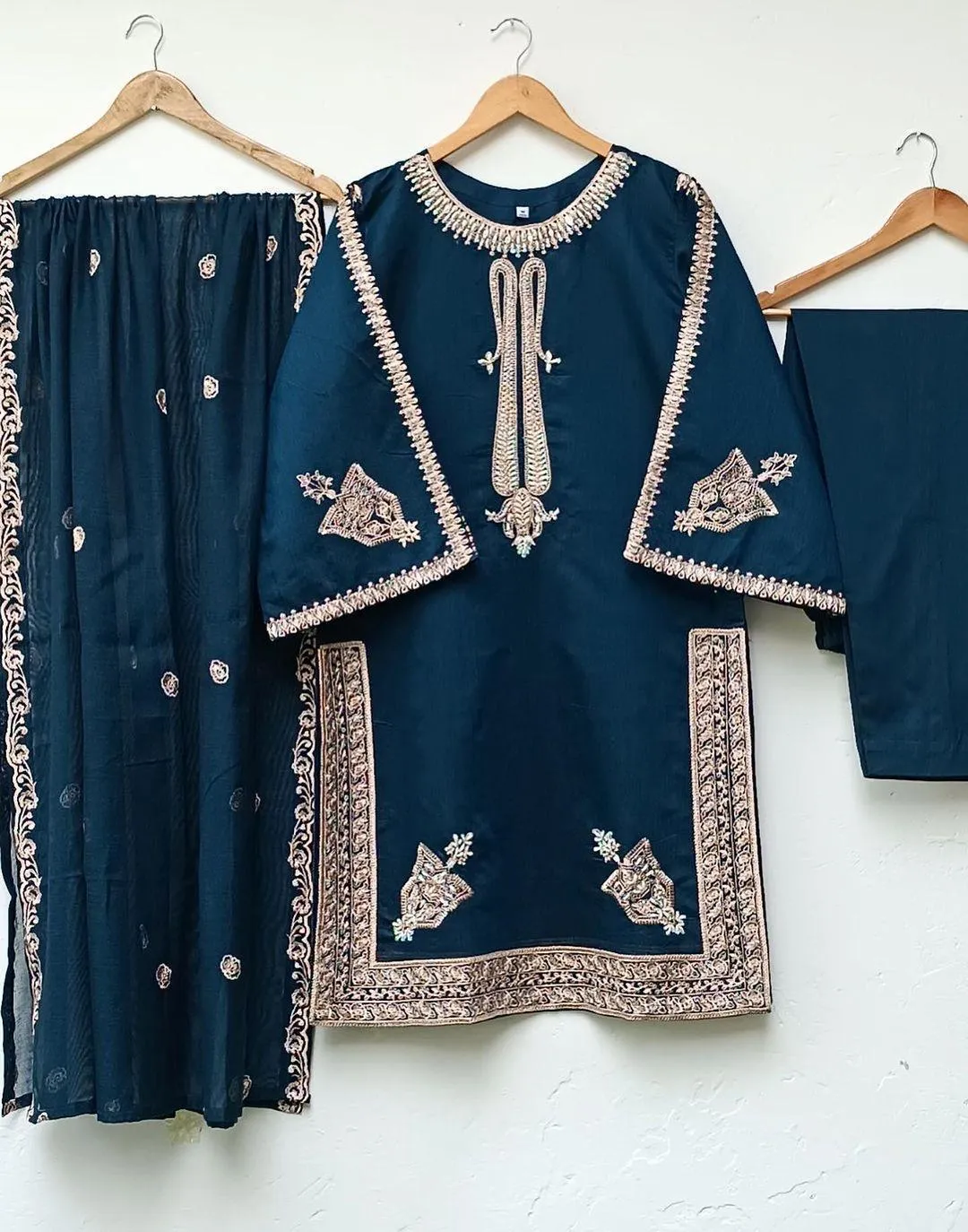 Beautiful Blue Embroidered Silk Suit - 3 Pcs Set