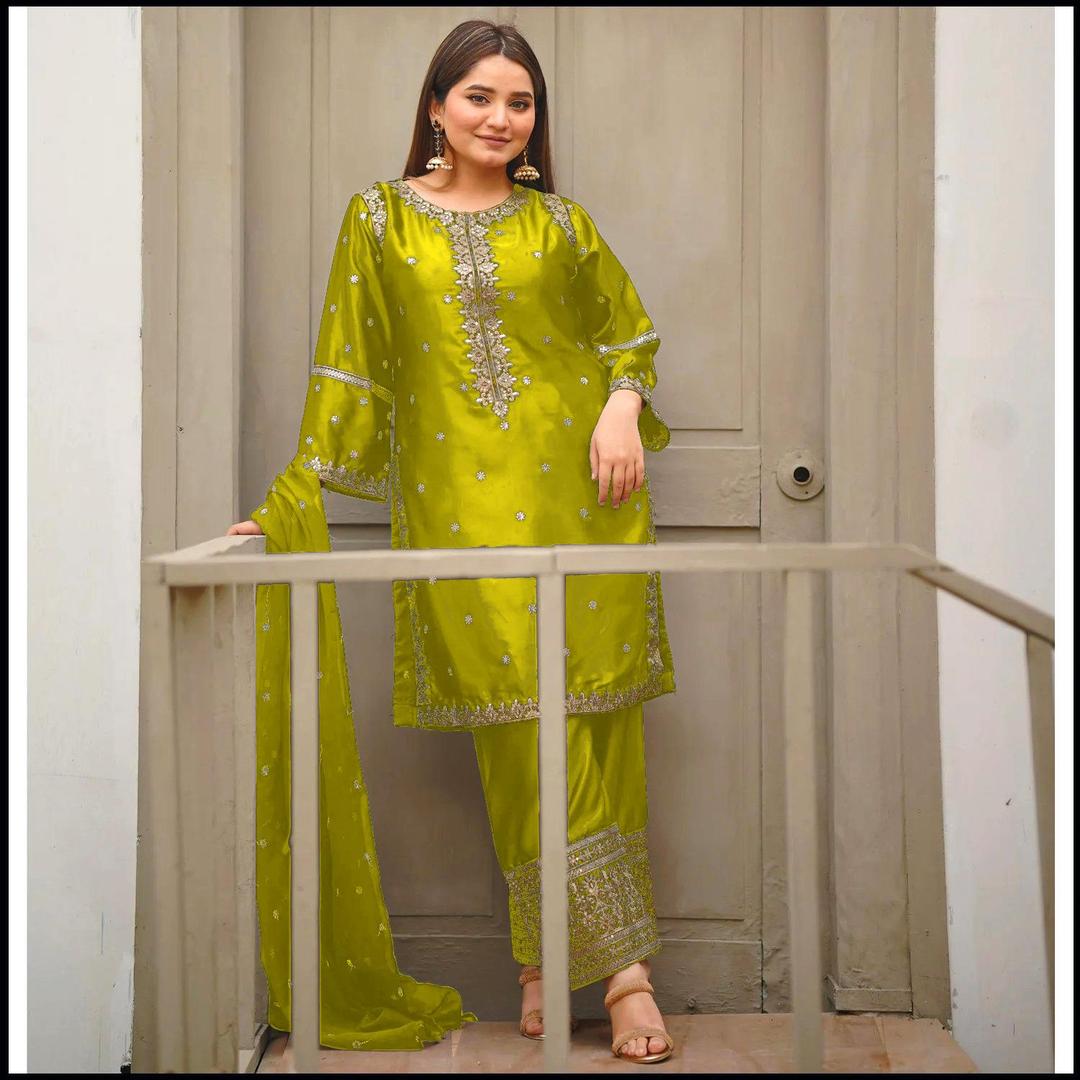 Embroidered Shamose Silk Shirt and Trouser Set - 2 Pcs Women's Stitched Outfit