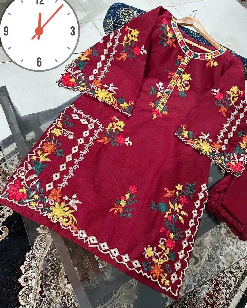 Embroidered Linen Shirt and Trouser Set - 2 Pcs Women's Stitched Outfit in Maroon
