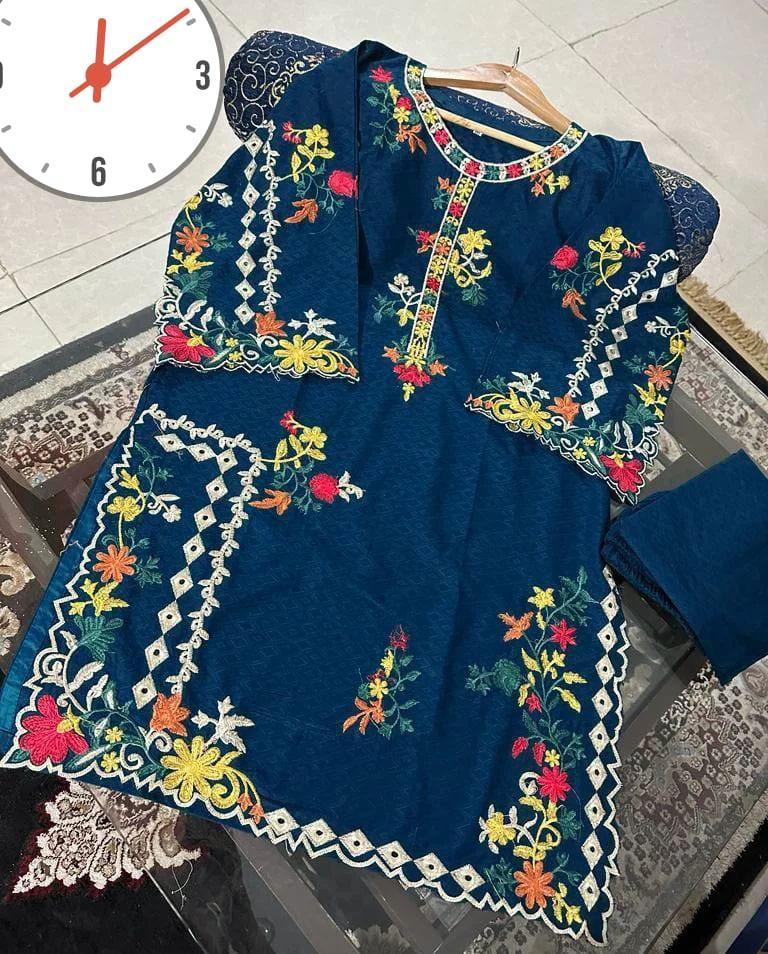 Stylish Women's Stitched 2 Pcs Embroidered Linen Shirt and Trouser Set