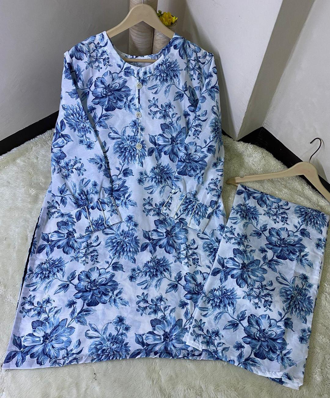 Stylish Printed Co-Ord Set - Women's Stitched Ensemble (2 Pcs) in Blue