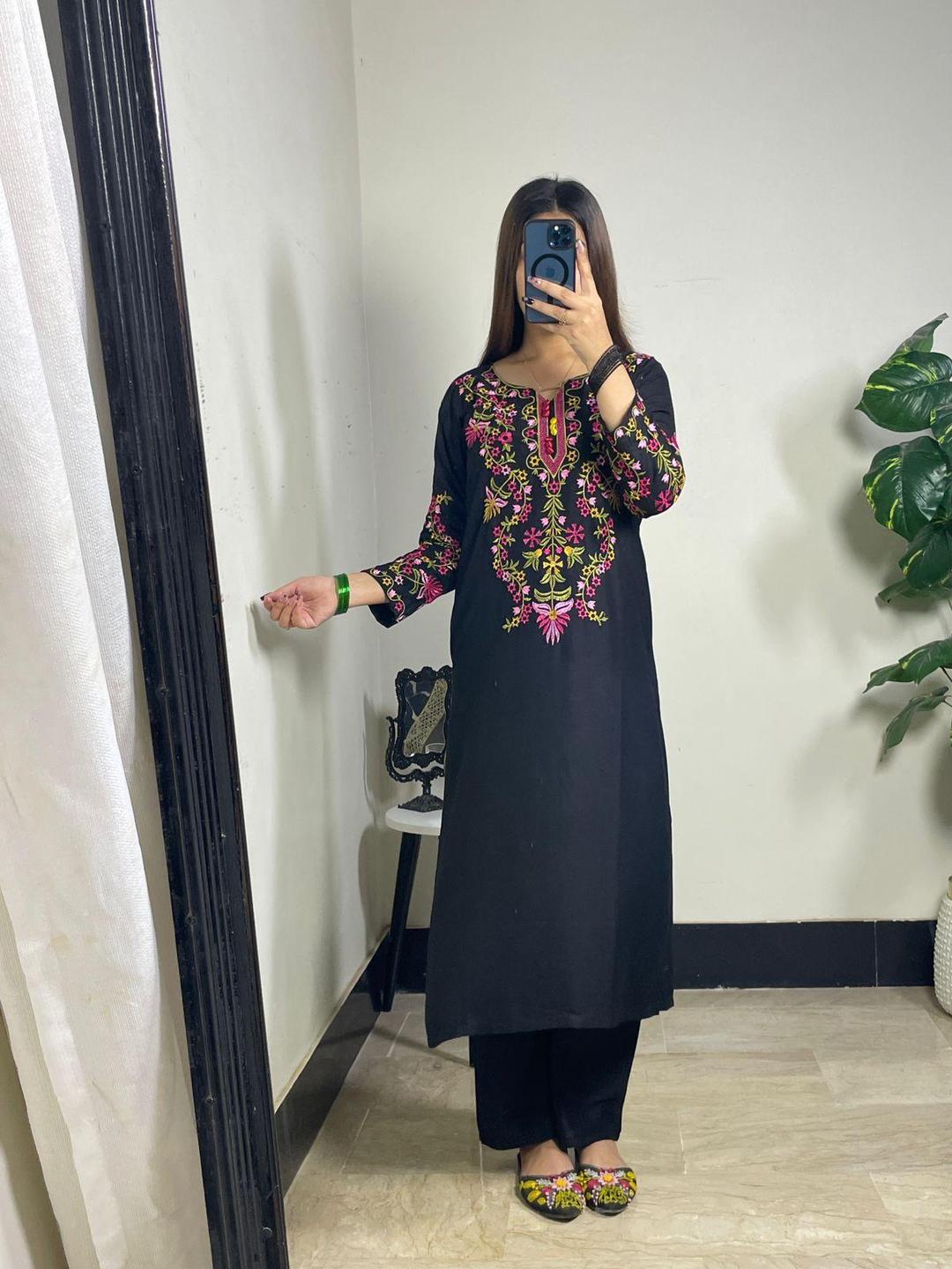 Stylish Black Embroidered Women's Stitched Shirt And Trouser - 2 Pcs